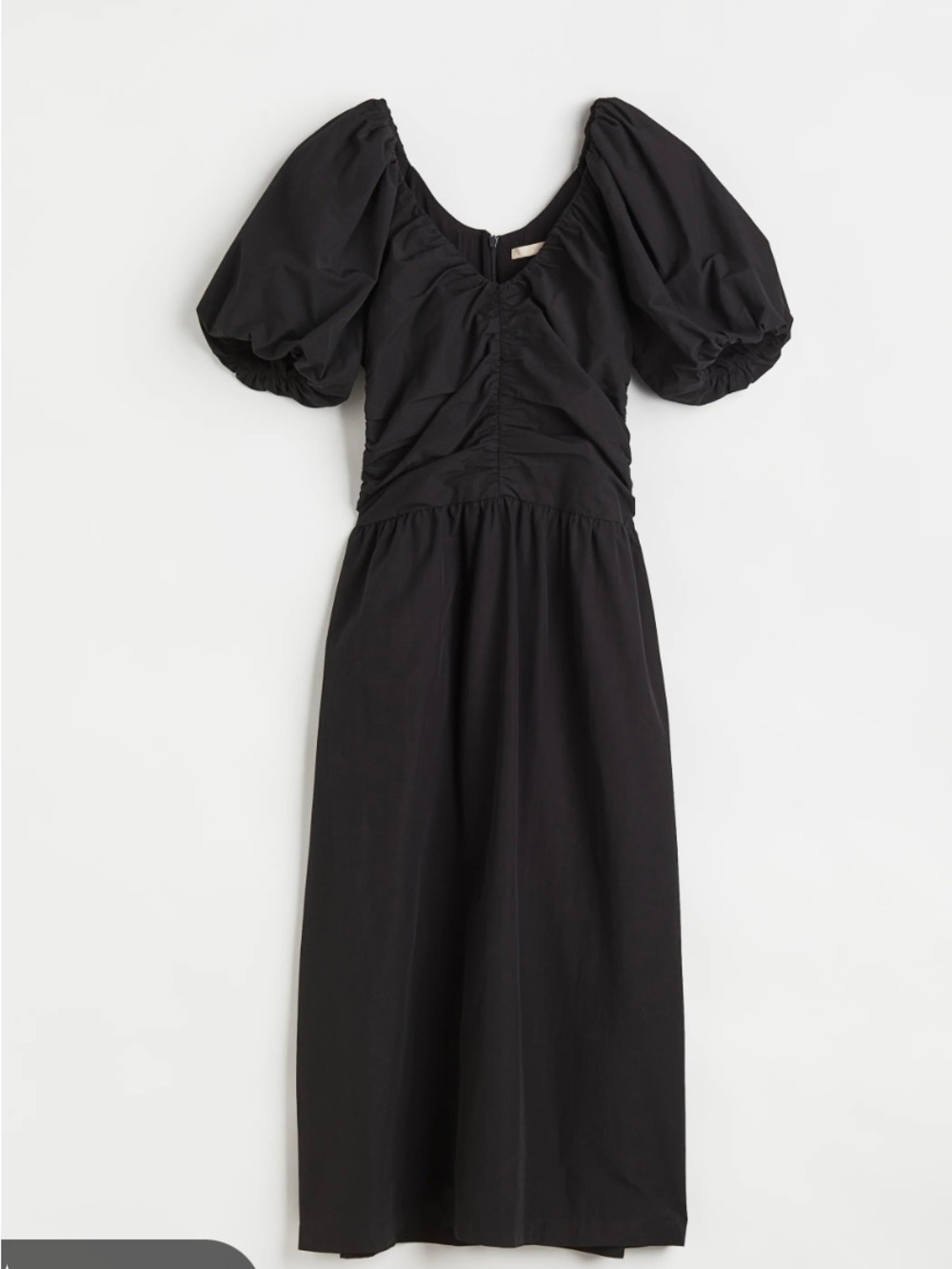 H&M Black Puff-Sleeve Midi Dress with Ruched Bodice